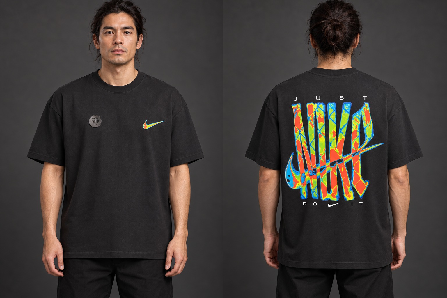 Modelo virtual con el frente de la camiseta Impacto Cromo