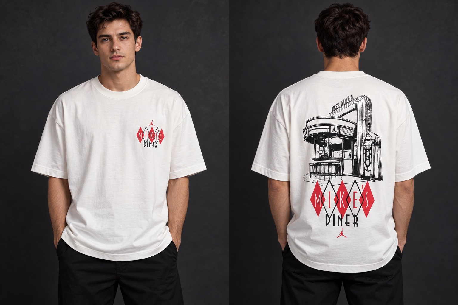 Modelo virtual con el frente de la camiseta Esquina Retro