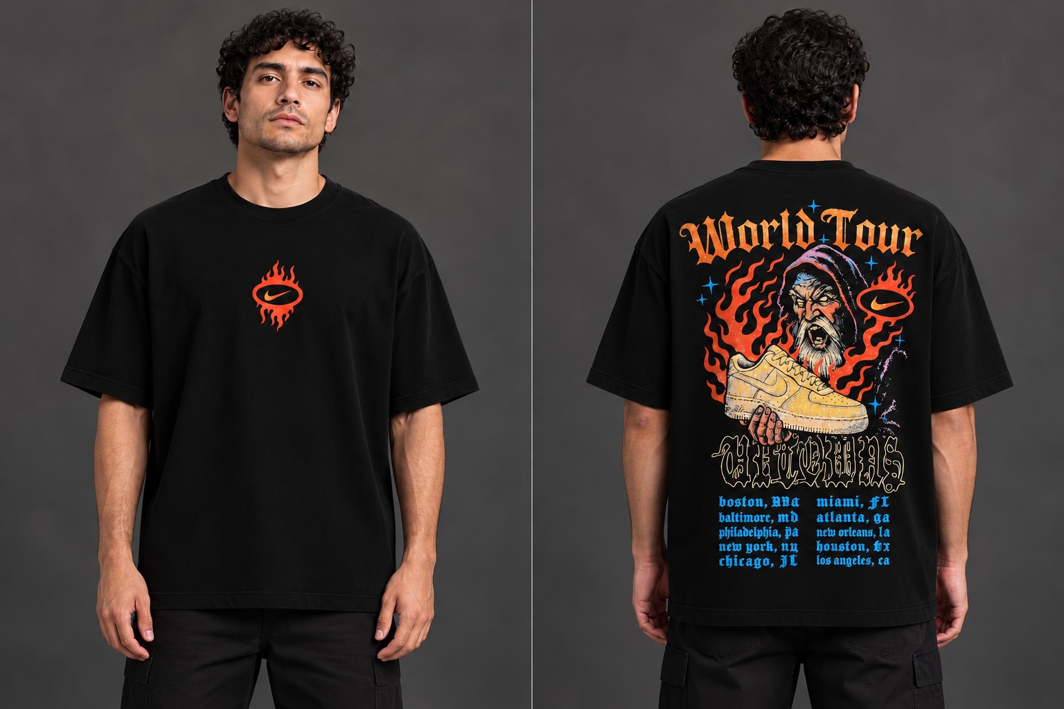 Modelo virtual con el frente de la camiseta Gira en Llamas