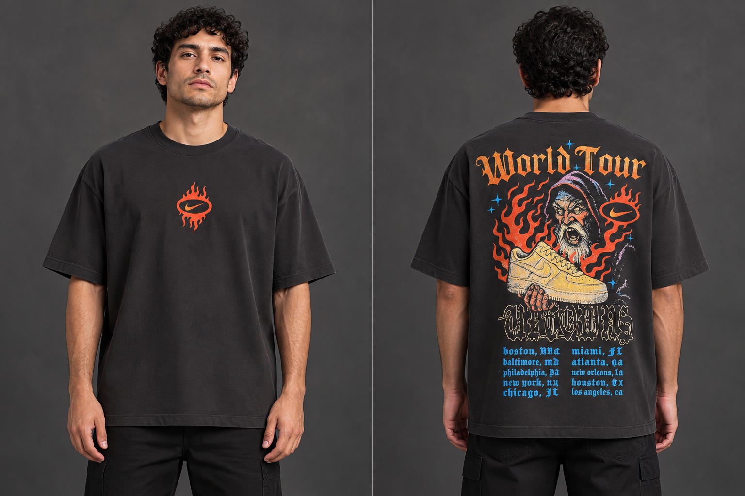 Modelo virtual con el frente de la camiseta Gira en Llamas