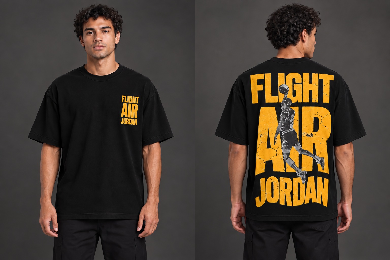 Modelo virtual con el frente de la camiseta Vuelo Dorado