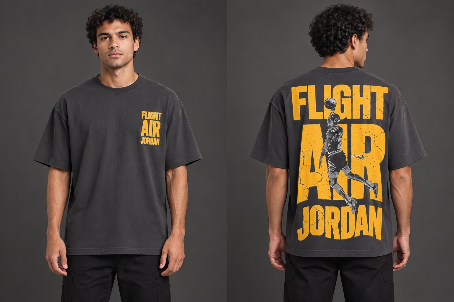 Modelo virtual con el frente de la camiseta Vuelo Dorado