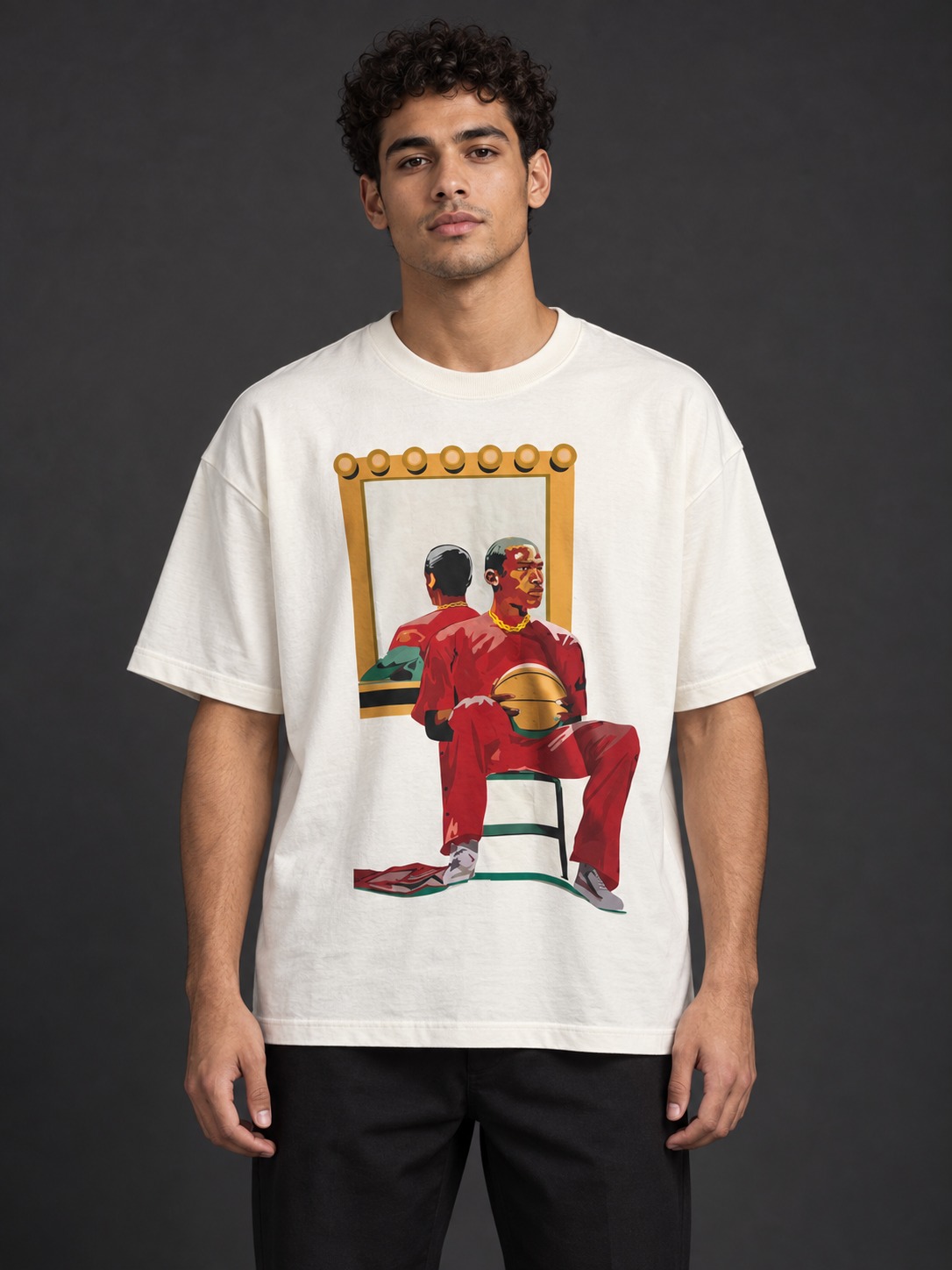 Modelo virtual con camiseta Reflejo de Leyenda, ilustración de jugador en traje rojo frente a un espejo