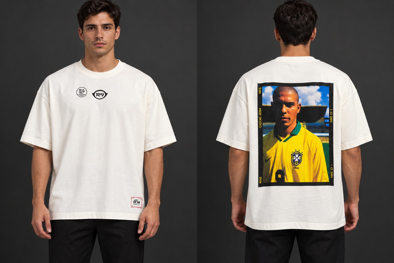 Modelo virtual con el frente de la camiseta Legado R9