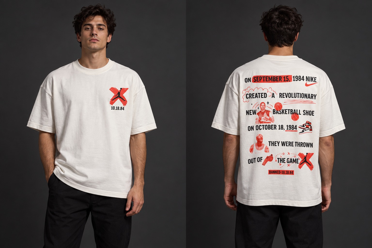 Modelo virtual con el frente de la camiseta Rebelde 84