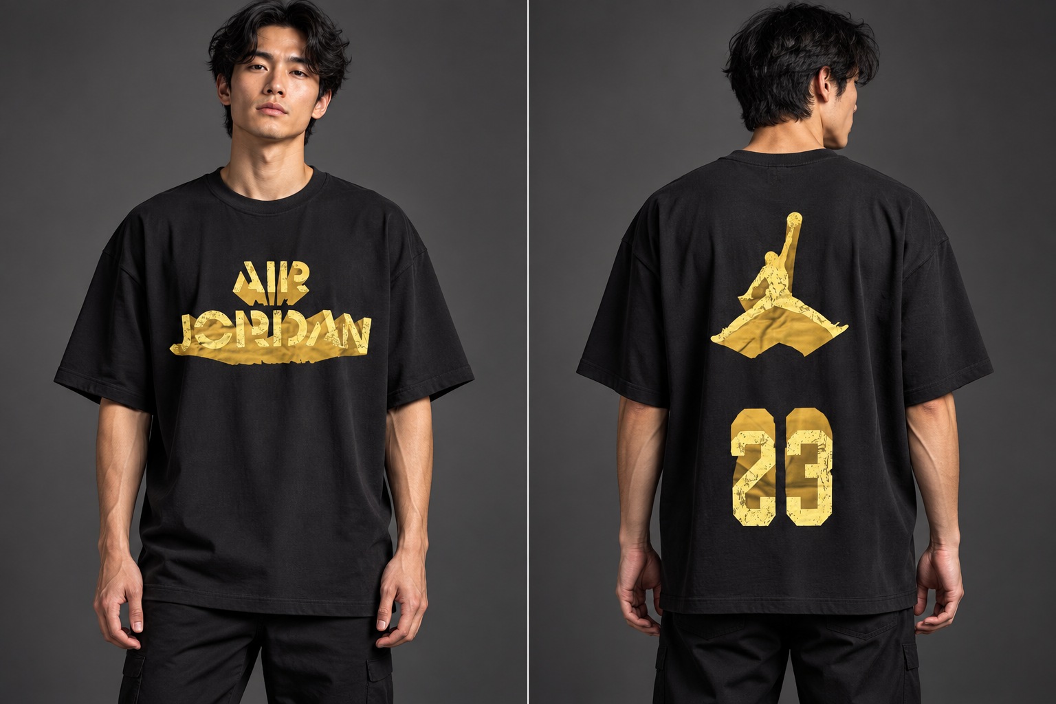 Modelo virtual con el frente de la camiseta Sello Dorado