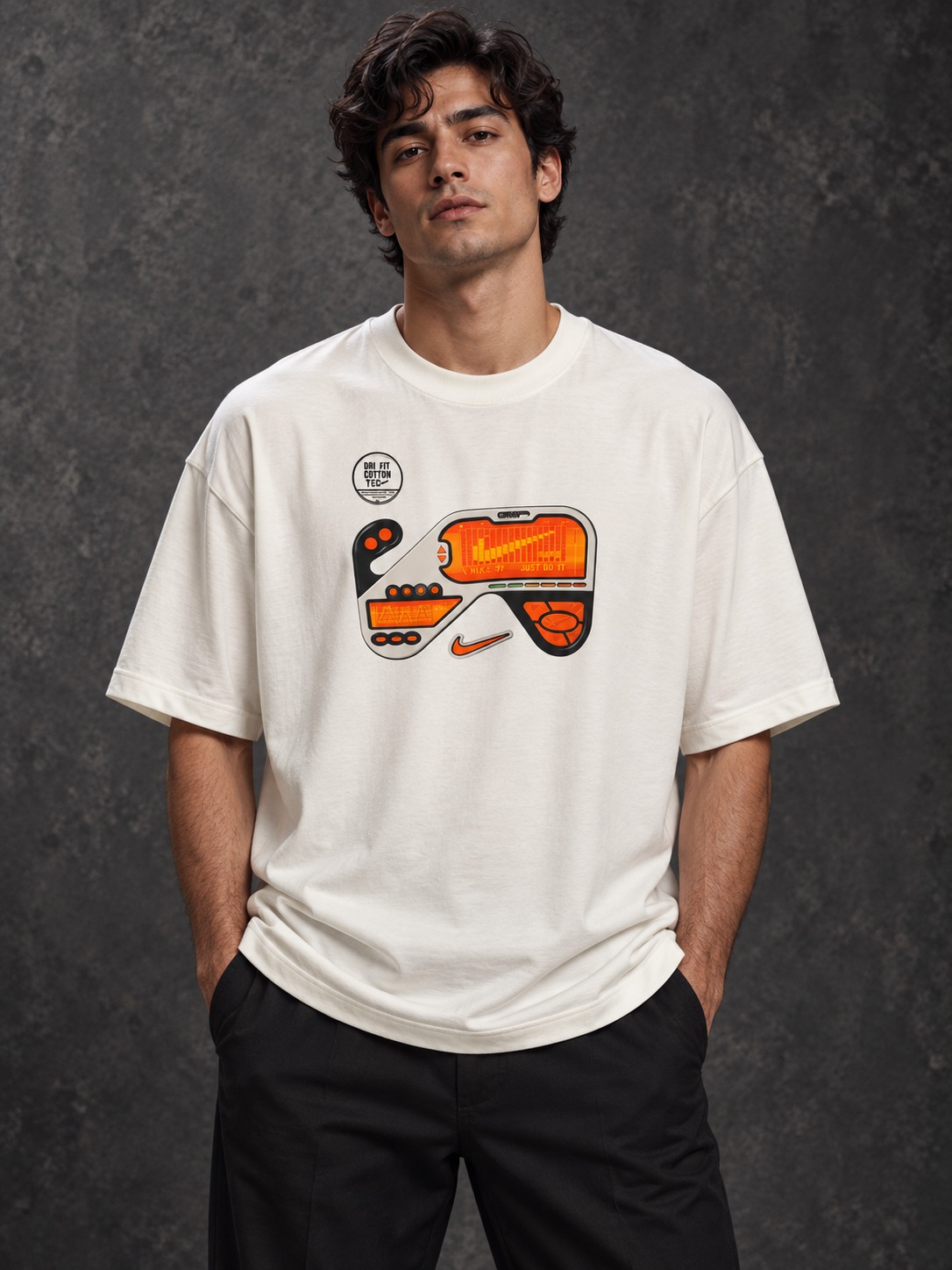 Modelo virtual con camiseta clara de estampado naranja y negro, basada en la prenda de la tienda