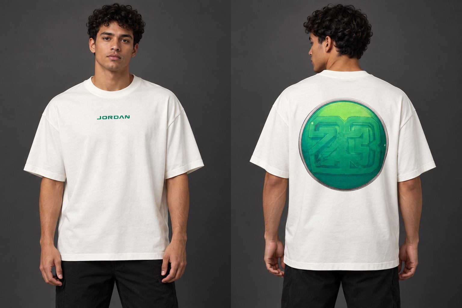 Modelo virtual con el frente de la camiseta Esfera 23
