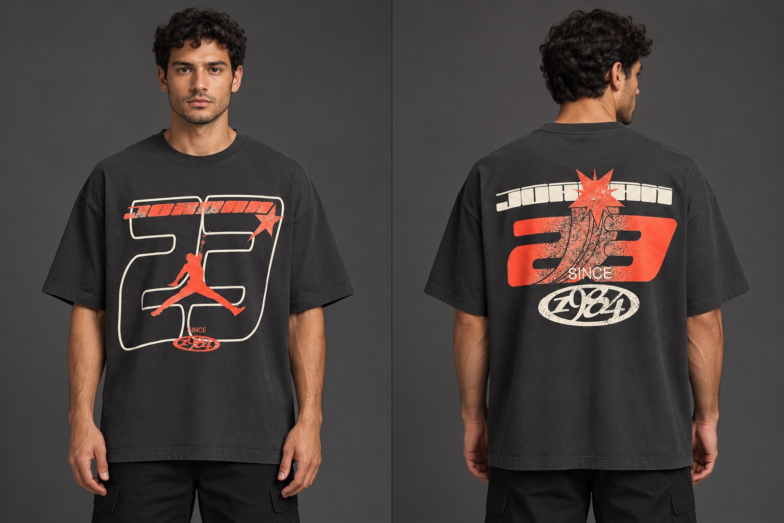 Modelo virtual con el frente de la camiseta Estela 23